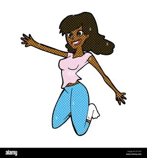 retro comic book style cartoon jumping woman.