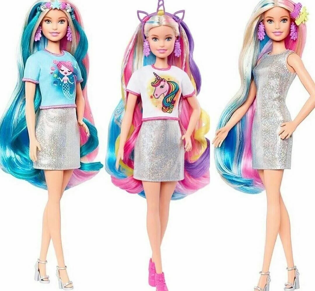 Включи новую куклу. Кукла Барби Фантаси Хэир. Барби радужные волосы Единорог. Куклы Barbie Mattel 2020. Куклы Барби Экстра 2023.