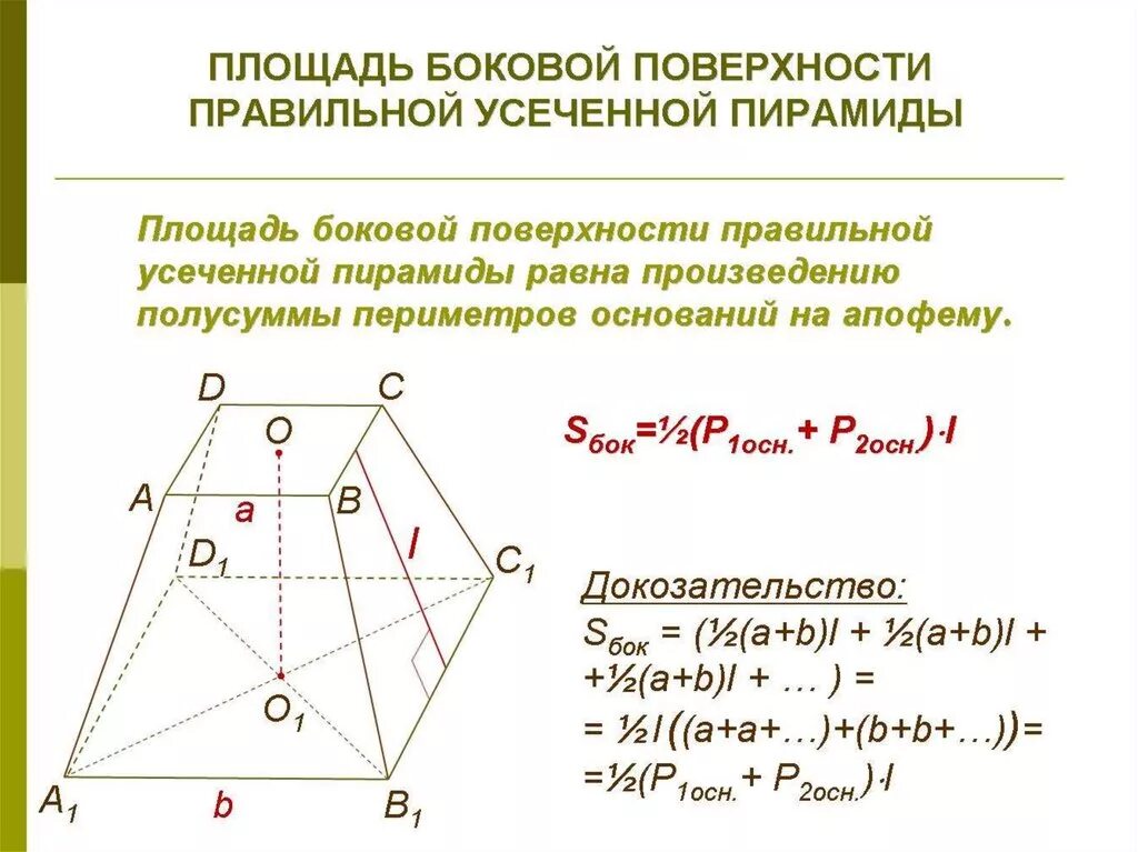 Площадь боковой поверхности усеченной пирамиды доказательство. Площадь полной поверхности пирамиды усеченной пирамиды. Площадь полной поверхности усечённой пирамиды формула. Площадь боковой поверхности пирамиды усеченной пирамиды. Площадь правильной усеченной пирамиды формула