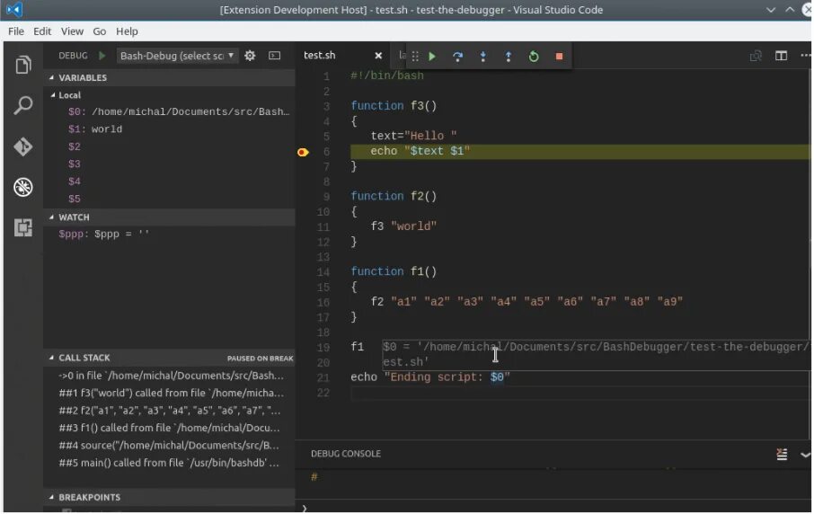 Test host. Отладка в Visual Studio code. Bash code. Bash скрипты. Bash расширение.