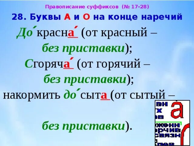 На конце наречий всегда а. Правописание суффиксов о а на конце наречий. Суффиксы о а на конце наречий. Приставки с буквой а. Буквы а о на конце наречий с приставками.