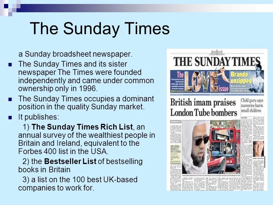 Newspaper and tv. Newspapers презентация. The Sunday times газета. Проект газета на английском языке. Newspapers in Britain.