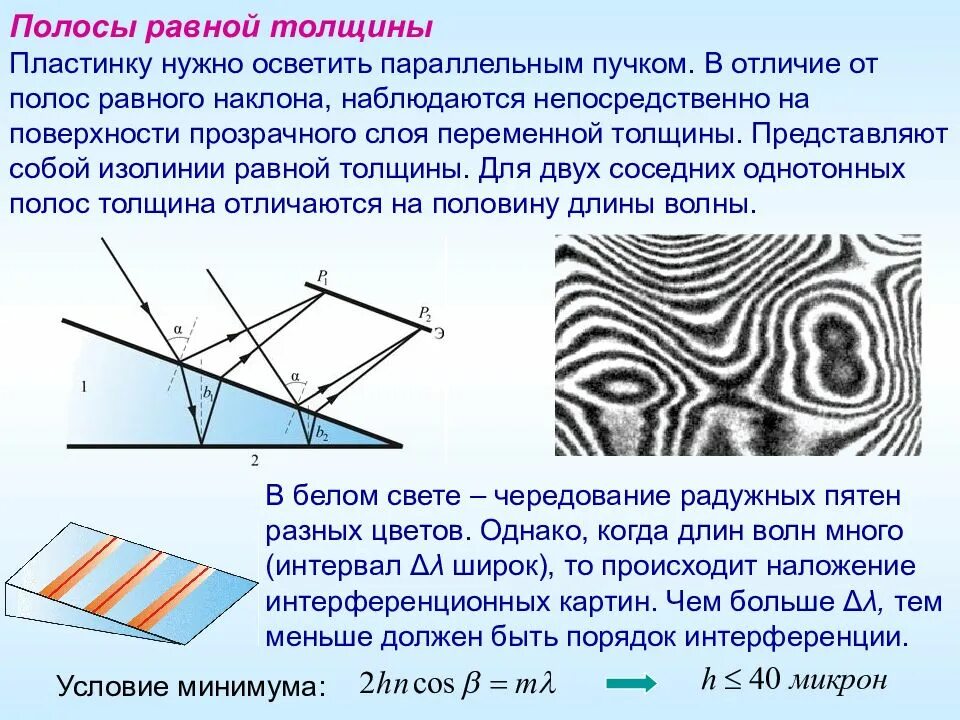 При каких условиях наблюдают интерференцию. Полосы равной толщины интерференция. Полосы равной толщины и полосы равного наклона. Интерференционная картина полос равного наклона. Интерференционная картина равной толщины.