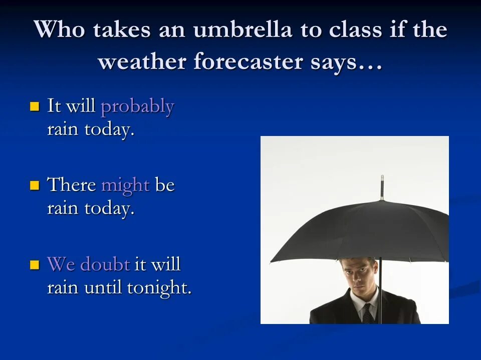 Take an Umbrella. A Umbrella или an. Will probably or probably will. Take an Umbrella. It. You take an umbrella today