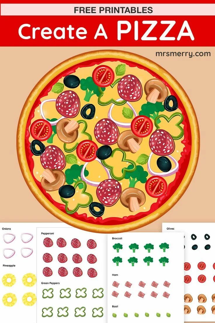 Your own pizza. Pizza craft printable. pizza craft make a pizza for kids printable. pizza craft activity for kids. printable diy craft pizza.