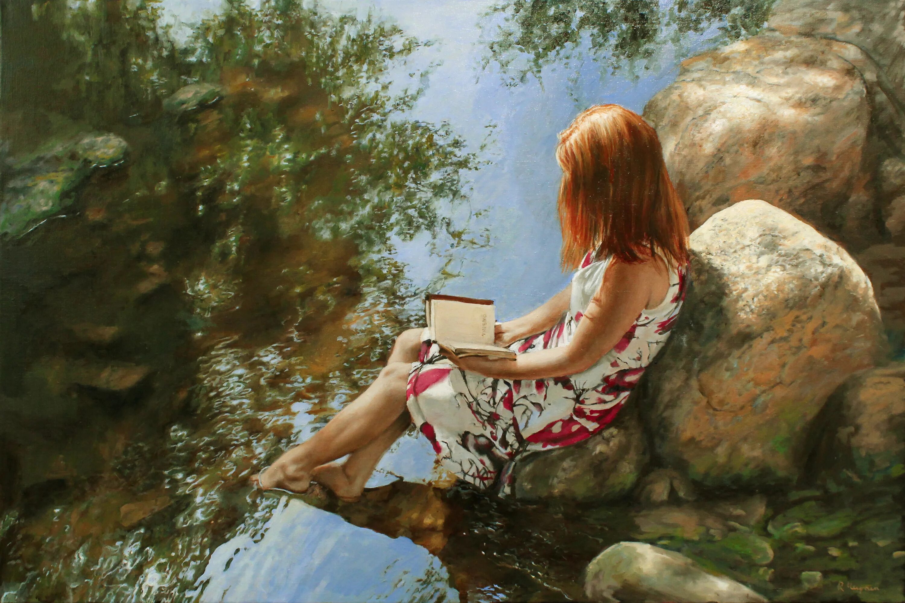 Обиженная речка. Ральф Хейнен художник. «Девушка у пруда» (1923). Девушка сидит на берегу реки. Девушка на камнях у речки.