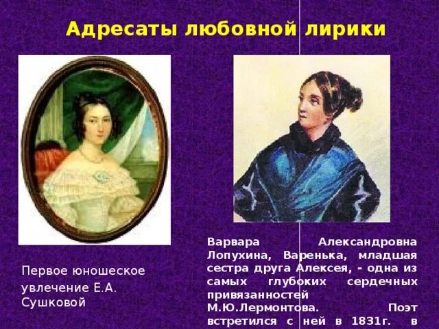 Варенька Лопухина портрет Лермонтова.