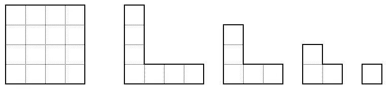 На рисунке изображены четыре причудливые фигуры. Разрежьте квадрат на 4 меньших квадрата. Разрежьте фигуру рис.1 на уголки рис.2. Сколько квадратов изображено на рисунке. Узор квадрат 4х4.