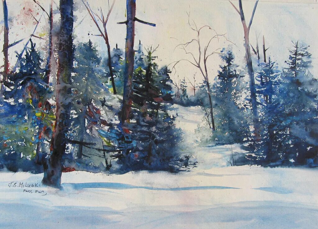 лес зимой акварель. анастасия беседина художник зимние пейзажи. лес зимой акварель. зима акварель художника суздальцева. нина петровская художник акварель.