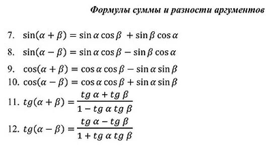 Формулы суммы и разности синусов и косинусов и тангенсов. Формулы синуса и косинуса суммы и разности аргументов. Формулы суммы и разности синусов и косинусов. Синус косинус тангенс суммы и разности аргументов. Сумма тангенсов равна произведению тангенсов