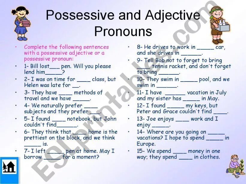 Английский язык 5 класс possessive adjectives. Possessive adjectives упражнения. Задания на тему притяжательные местоимения. Местоимения в английском языке упражнения. Adjectives 5 класс