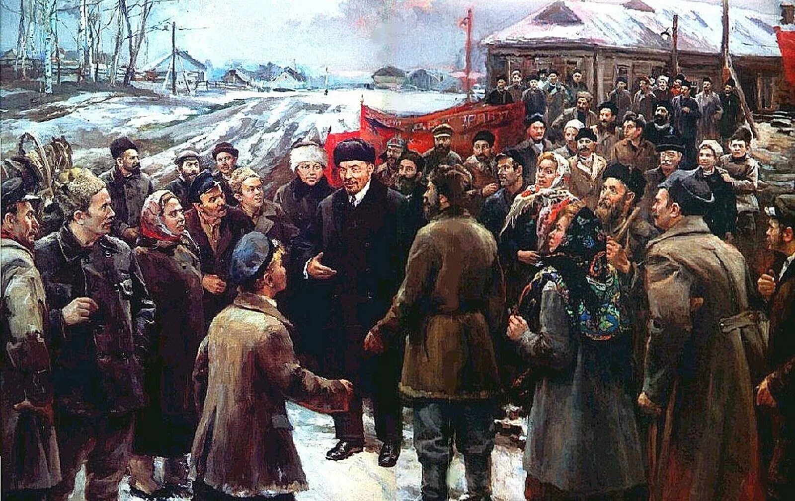 Ленин и Крупская в деревне Кашино. Налбандян "в.и. Ленин в 1919 году". «В. И. Ленин и н. к. Крупская среди крестьян дер. горки в 1921 году» (1949. «В. И. Ленин на фоне Волховстроя» (1926). Рабочие после революции