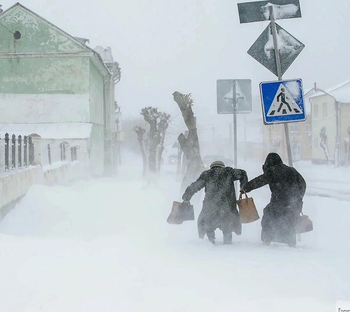 Суровая метель. Метель в городе. зимняя пурга в городе. суровая зима в городе.