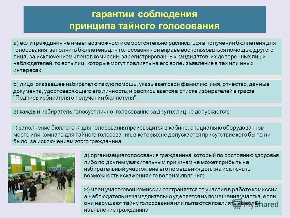 Тайное голосование граждан граждане выражают. Гарантии Тайного голосования. Принцип Тайного голосования и гарантии его осуществления. Тайное голосование: понятие, гарантии.. Специально оборудованные места для Тайного голосования.