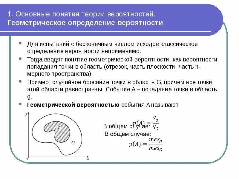 Основные понятия теории вероятностей. Основания понятия теории вероятностей. Классическое и геометрическое определение вероятности. Геометрическое определение вероятности события.