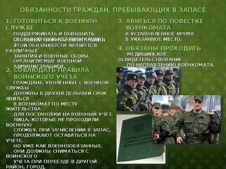 Постановка на учет в запас. Пребывание в запасе на военной службе. Военные должности по призыву. Призыв на военную службу.