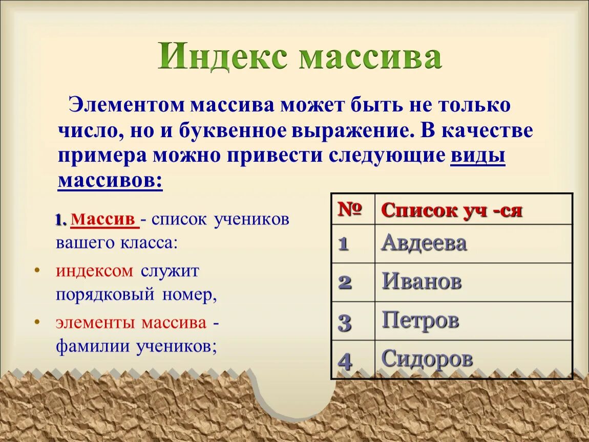 Индек элеменьа массива. Что такое массив и индекс массива. Индекс элемента в массиве это величина. Что может быть индексом элемента массива. Массив начинается с 1