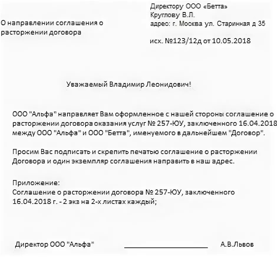 Сопроводительное письмо о направлении соглашения о расторжении. Сопроводительное письмо о расторжении договора по соглашению сторон. Сопроводительное письмо к соглашению о расторжении договора. Пример письма о расторжении договора по соглашению сторон образец.