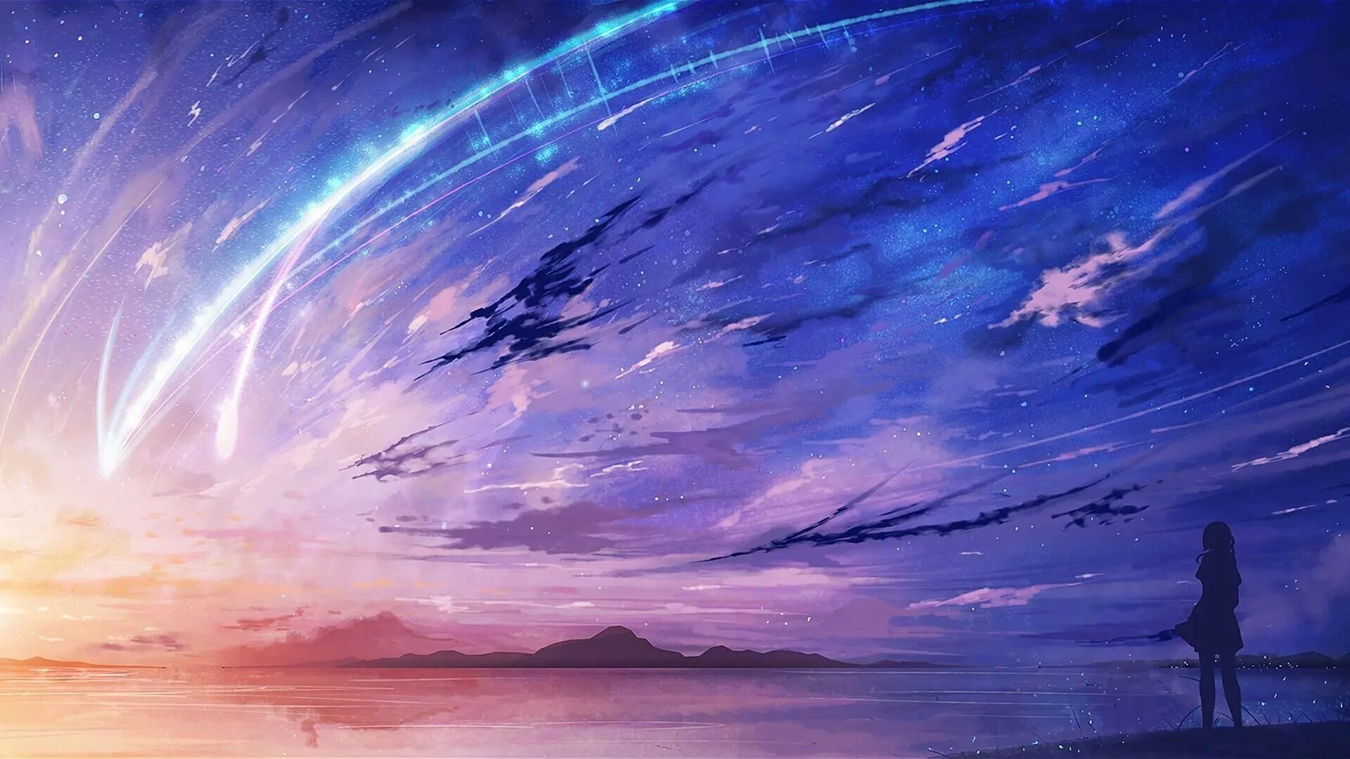 Почему в искусстве изображают небо и звезды. Итомори комета. kimi no na wa падающая звезда. твоё имя пейзажи. твое имя арт небо.