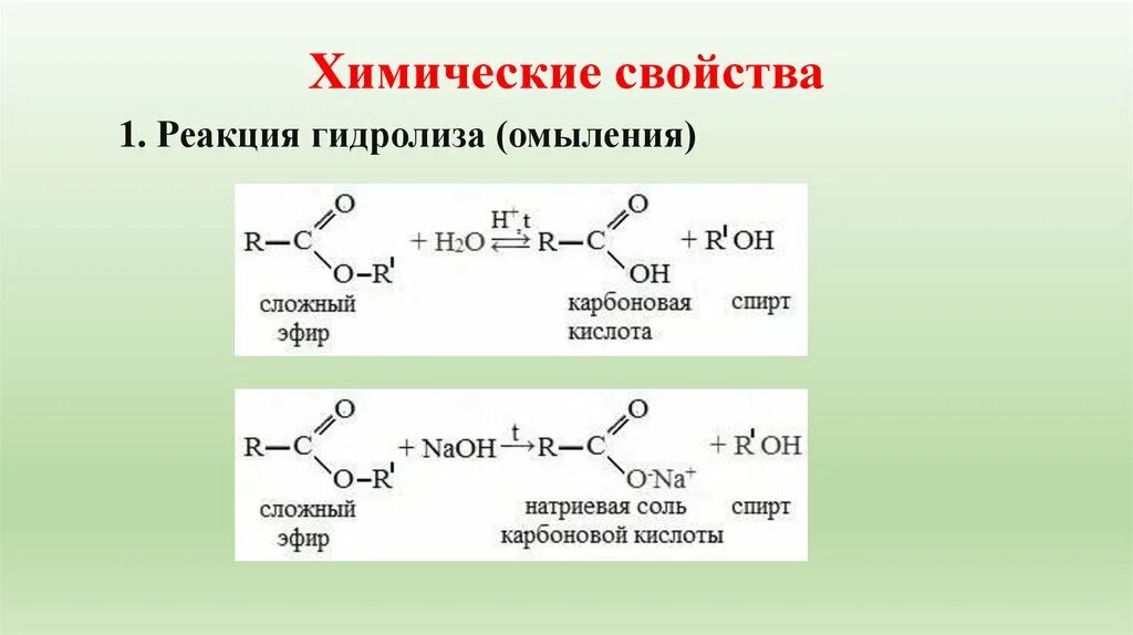 Реакция омыления сложных эфиров. Гидролиз сложных эфиров карбоновых кислот. Реакция омыление (гидролиз) сложных эфиров. Химические свойства сложных эфиров. Свойства спиртов и карбоновых кислот