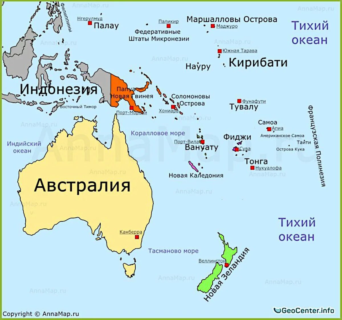 На карте океанов новую зеландию. Остров Таити на карте Австралии. Политическая карта Океании. Политическая карта Океании со странами.