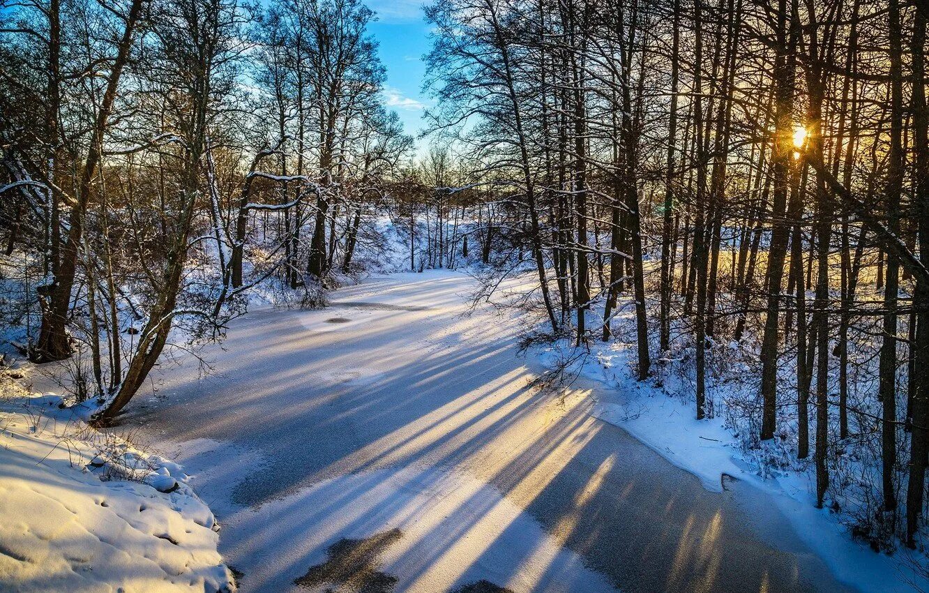 Февраль. Зимняя тропинка. Природа зима. Зимний рассвет. Тени деревьев на снегу.