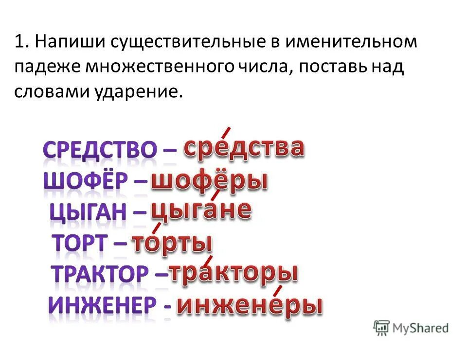 Ударение в словах досуг магазин поняла торты. Слова во множественном числе. Именительный падеж множественного числа существительных.