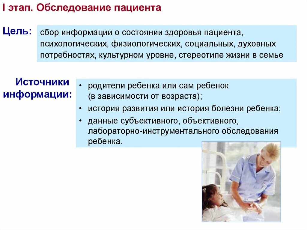 Информация о состоянии больного. Этапы обследования пациента. Первый этап обследования больного. Особенности сестринского процесса при работе с детьми. Цель обследования пациента.