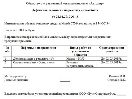 Образец дефектная ведомость на списание основных средств образец