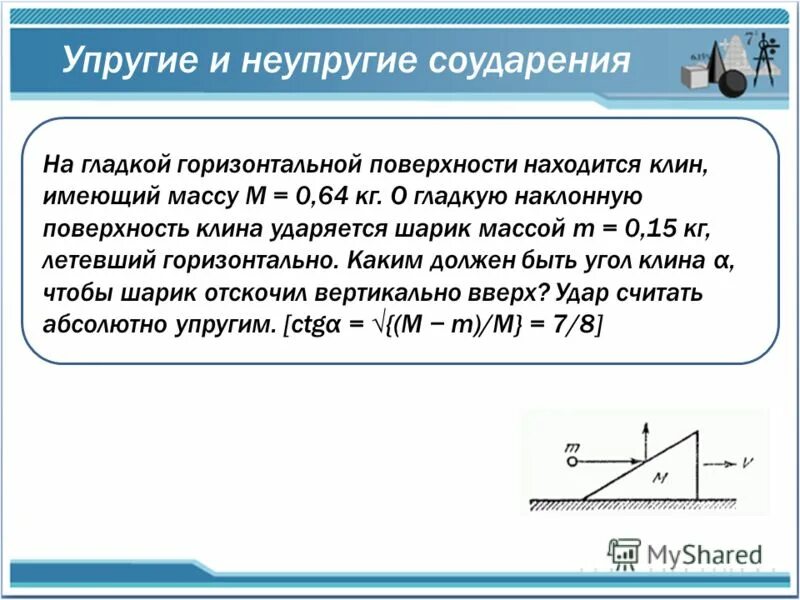 Автомобиль движущийся по горизонтальной поверхности. Упругое и неупругое соударение. Гладкой горизонтальной поверхности. Упругое столкновение под углом. Абсолютно неупругий удар о наклонную поверхность.