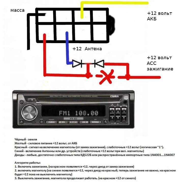 Не включается магнитола причины. Схема подключения магнитолы через диоды. Как подключить автомагнитолу через диоды схема. Схема подключения магнитолы напрямую от АКБ. Схема подключения автомобильной магнитолы к аккумулятору напрямую.