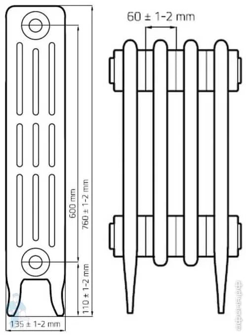Радиатор чугунный 600 высота. Радиаторы отопления 450 межосевое. Межосевое расстояние чугунной батареи. Межосевое расстояние чугунного радиатора.
