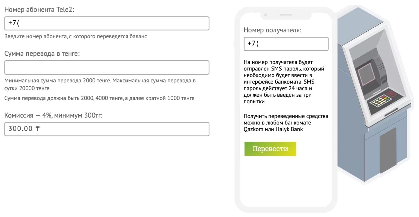 Как перевести деньги с теле2 по смс. Теле 2 комиссия в банкомате. Минимальная сумма для перевода с банкомата. Как снять деньги с баланса телефона теле 2. Банкомат Казахстан.