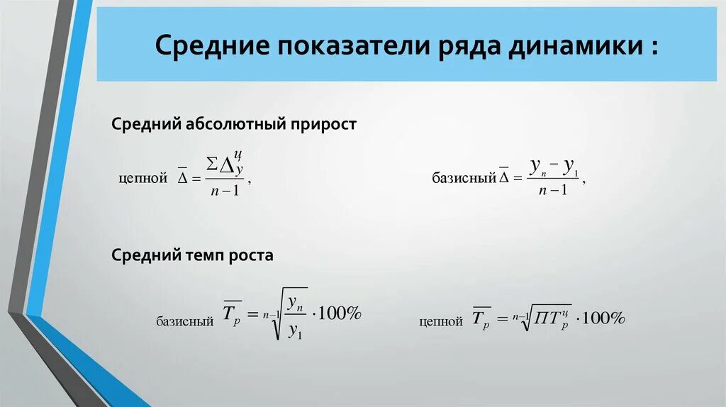 Показатели изменения уровня динамики. Средние показатели динамики формулы. Средние показатели динамики абсолютный прирост, темп роста. Средний цепной коэффициент роста формула. Формула среднего показателя динамики.