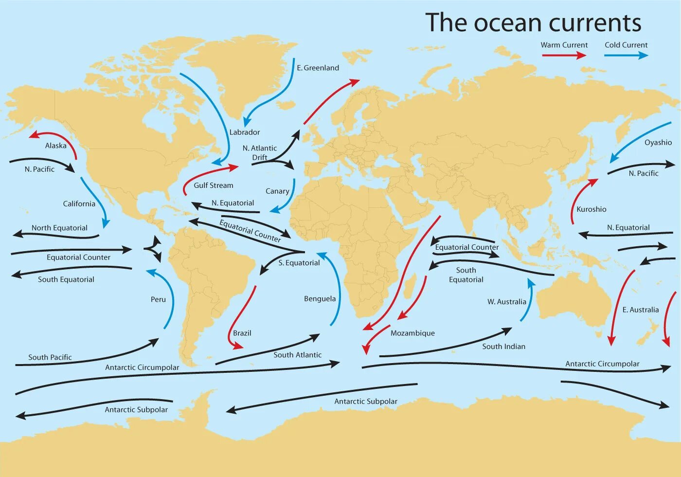 Схема основных поверхностных течений мирового океана. Тёплые и холодные течения на карте мирового океана. Схема течения Гольфстрим. Гольфстрим на карте мирового океана. Направление ветровых течений