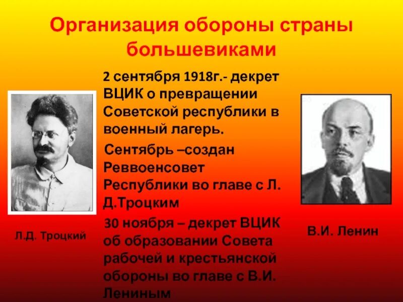 Государства большевиков. Организация обороны страны большевиками. Советская Республика военный лагерь. Сентябрь 1918 г.. Реввоенсовет Республики л.д.Троцкий.