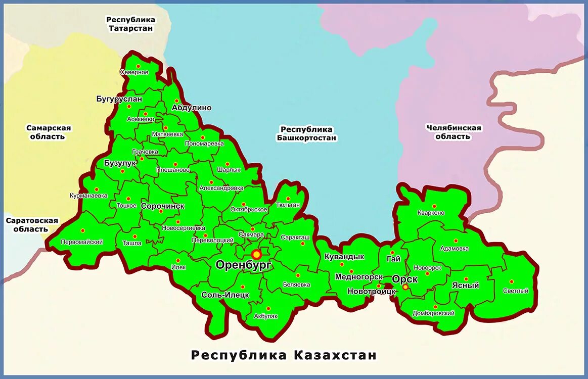 Оренбургская область на карте границы. Оренбургская область на карте России с границами. Карта Оренбургской области на карте России. Карта Оренбургской области с соседними областями.