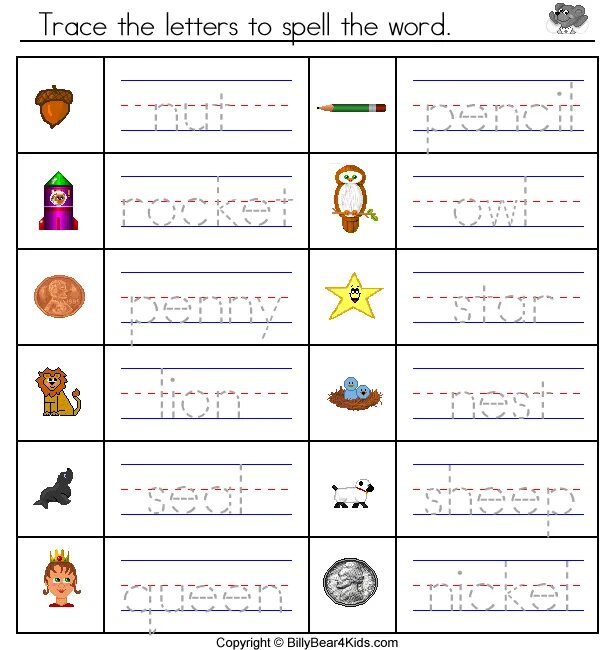 The first letter in the word. Trace the words. tracing words for kids. trace words for kids. spelling worksheets for kids.