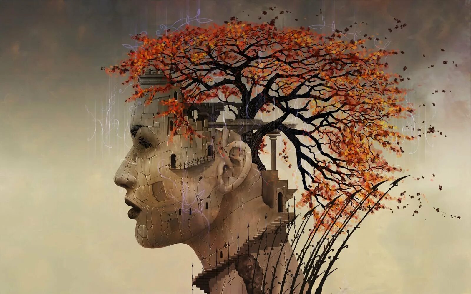 Представил в голове. Голова из дерева. Мысли в голове арт. Дерево сюрреализм. Психология арт.