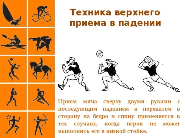 Техника выполнения верхнего приема. Приём мяча сверху двумя руками с последующим падением на спину. Приём мяча двумя руками с последующим падением на спину. Прием в падении волейбол контур.