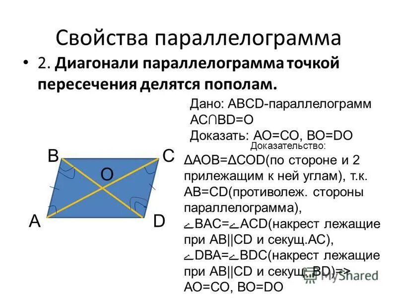 Диагонали параллелограмма точкой их пересечения делятся пополам. Доказательство свойства параллелограмма про стороны и диагонали.