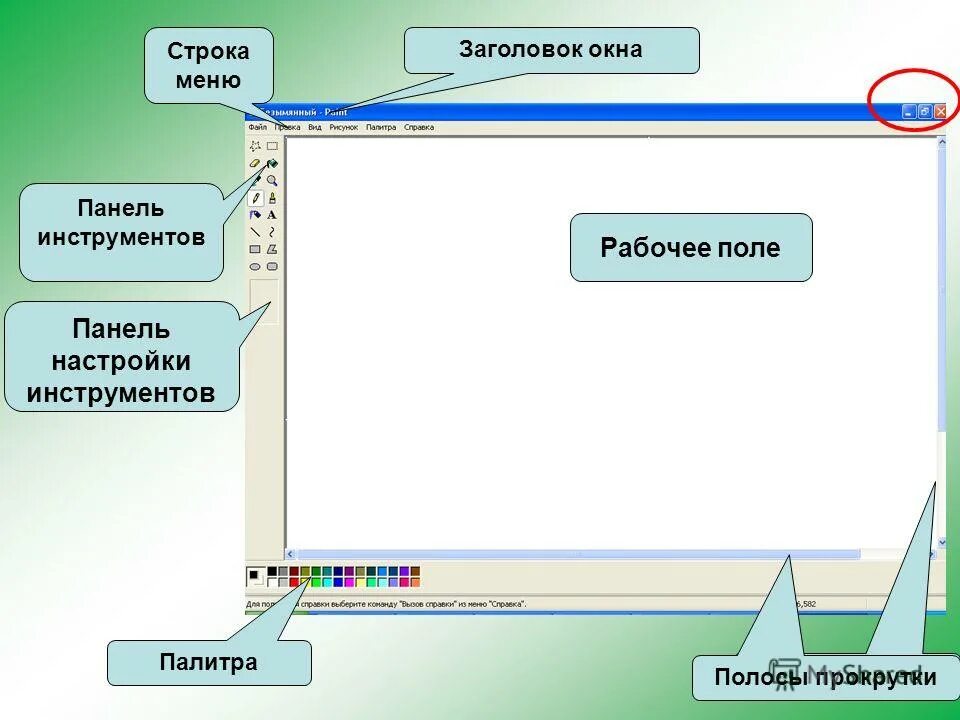 Открыть панель меню. Заголовок окна. Заголовок меню панель инструментов. Полоса прокрутки окна. Строка заголовка окна.