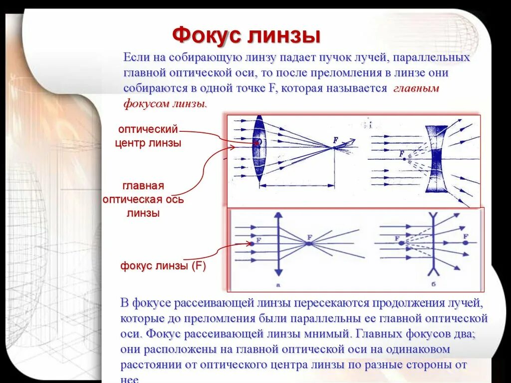 2 Фокус линзы физика. Физика 9 линзы оптическая сила линзы. Фокус линзы физика 8 класс. Главный фокус рассеивающей линзы. Что такое фокус собирающей линзы