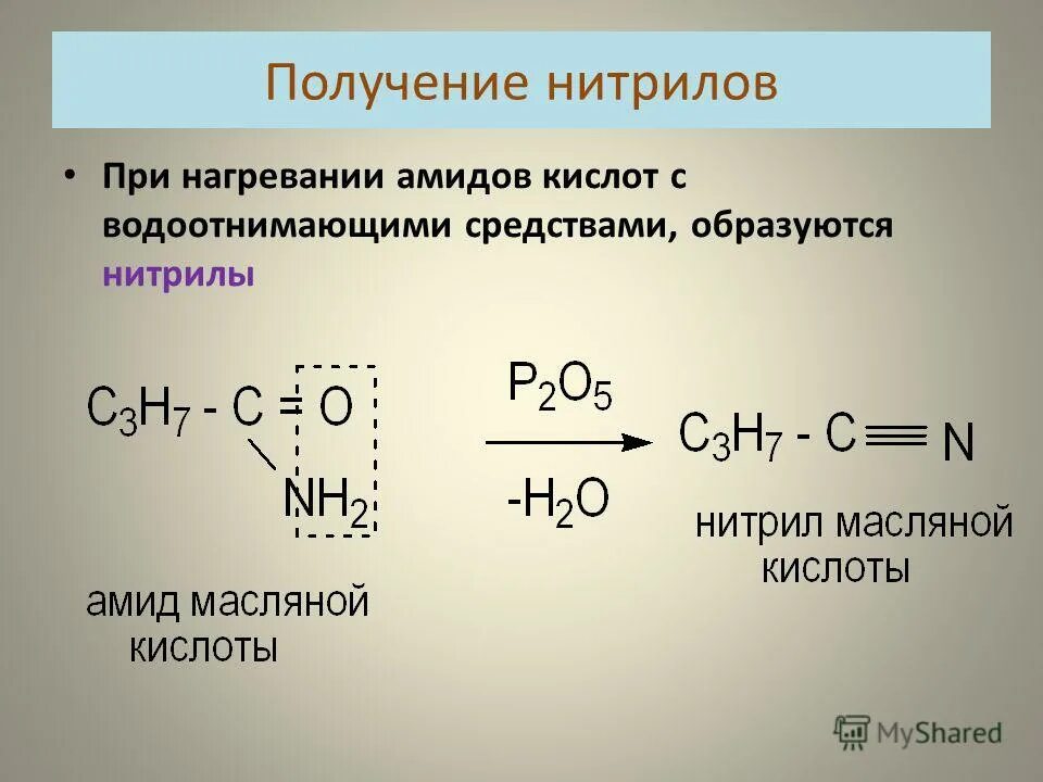 Бутановая кислота свойства. Нитрилы из карбоновых кислот. Нитрильный Синтез карбоновых кислот. Синтез карбоновых кислот из нитрилов. Гидролиз нитрилов механизм реакции.