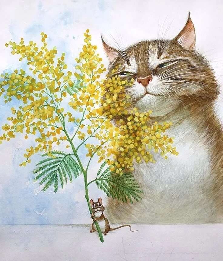 Открытки с первым днем весны и кошек. Котик с мимозой. Весенний кот живопись.