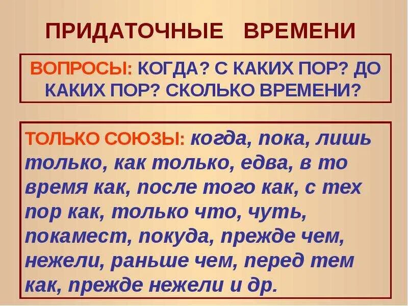 Союзные слова времени. Придаточное времени. Придаточные предложения времени. Придаточное времени вопросы. Союзы придаточного времени.