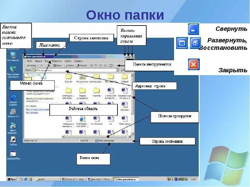 Графический интерфейс операционных систем и приложений. Структура окна операционной системы windows. графический интерфейс папки виндовс. окно папки. структура окна папки.