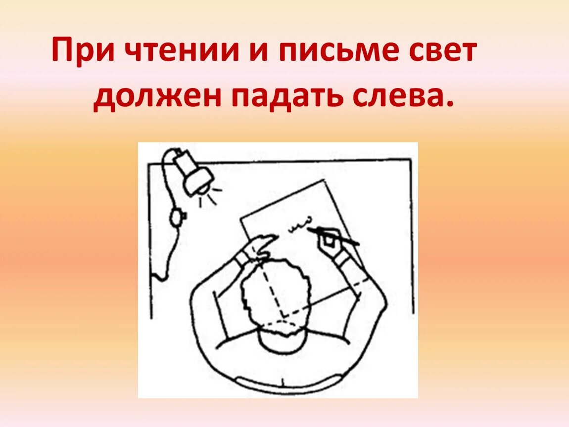 Освещенность рабочего места за компьютером. Недостаточное освещение рабочего места. Освещение при письме. Свет падает со стороны пишущей руки. Посадка леворукого за партой.