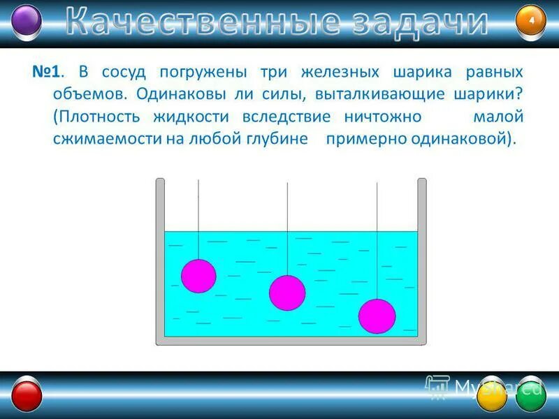 Шарик поместили в жидкость плотность