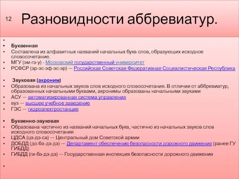 Слово из начальных букв словосочетание. Разновидности аббревиатур. Буквенные и звуковые аббревиатуры. Аббревиация виды аббревиатур. Буквенные и звуковые аббревиатуры примеры.